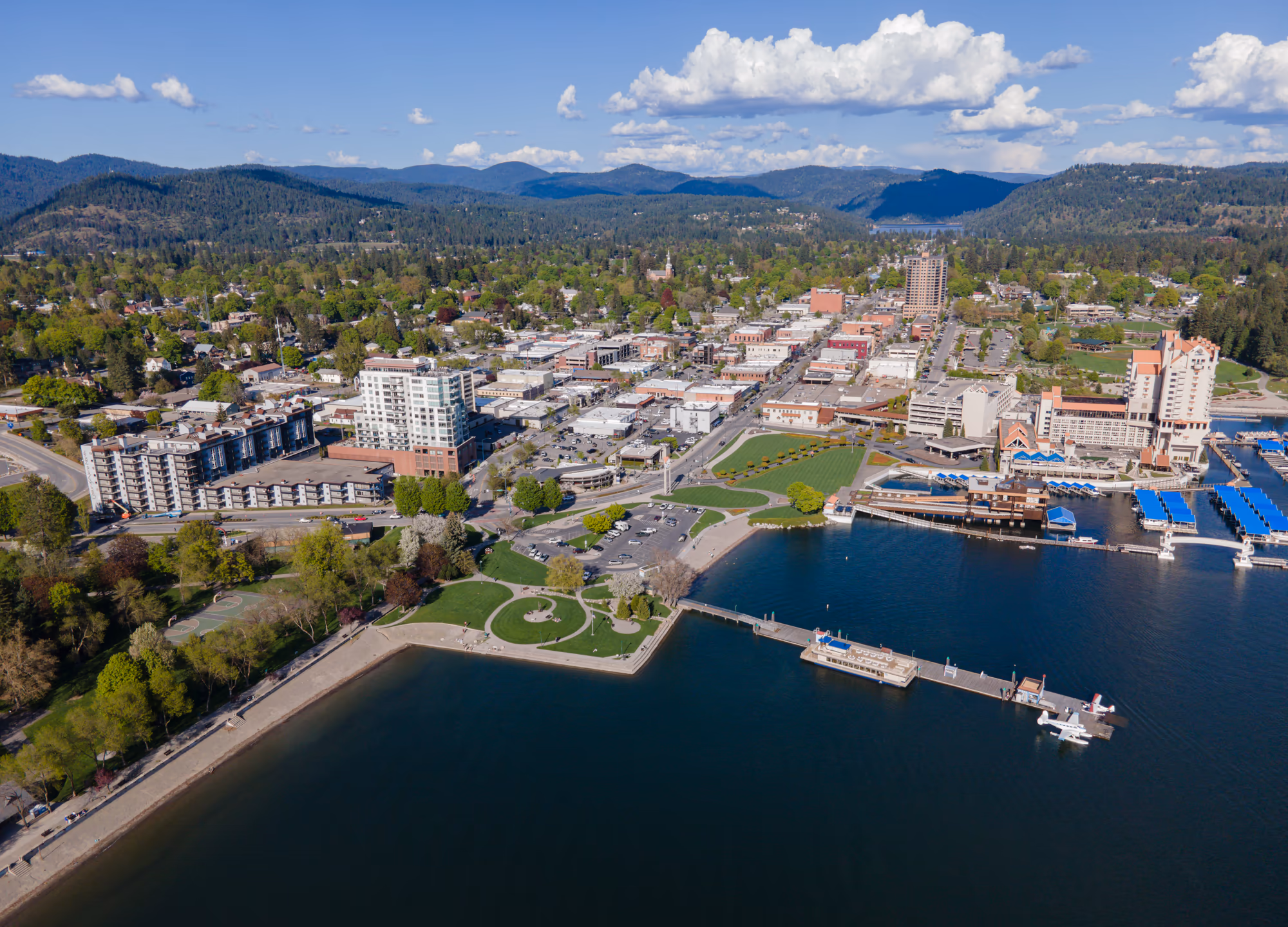 Aerial view of Coeur d'Alene's downtown waterfront